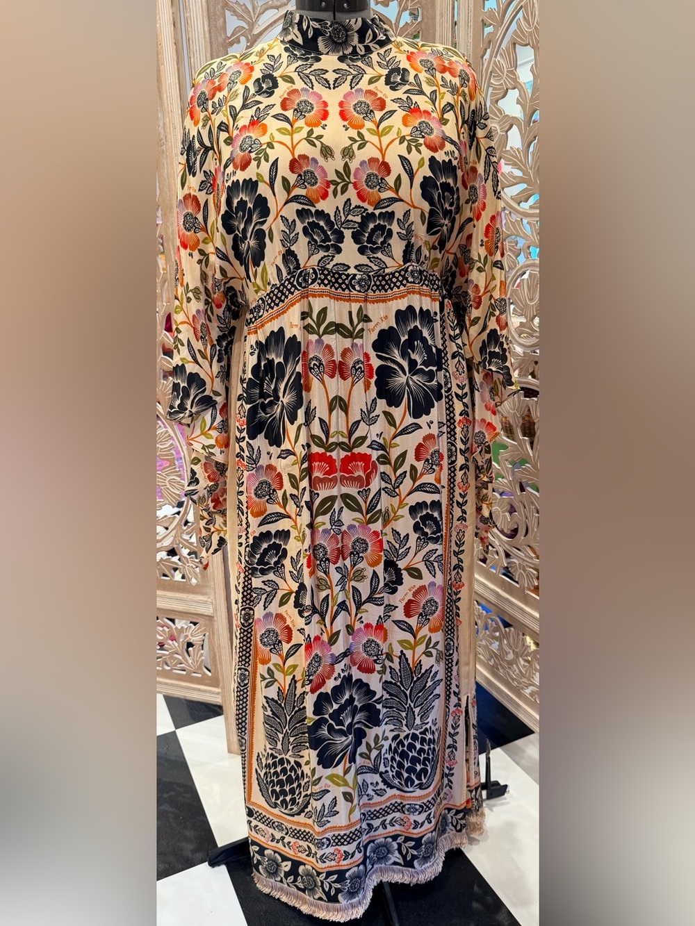 FARM Rio Ivory Maxi Dress with Black, Red, Green and Orange Floral Print